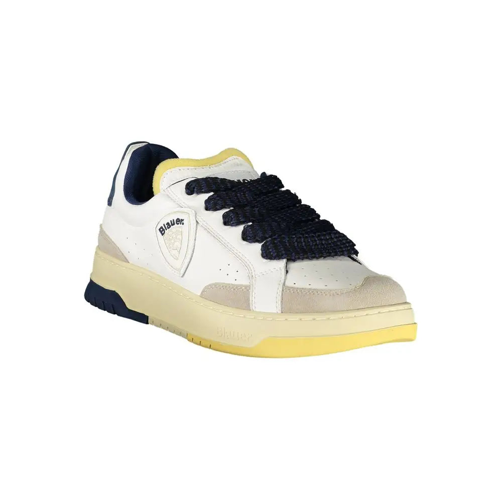 Blauer white leather sneakers i hvidt og beige med blå snører