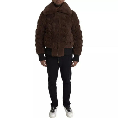 Bottega Veneta brown fur lamb shearling coat med quiltet tekstur og høj krave