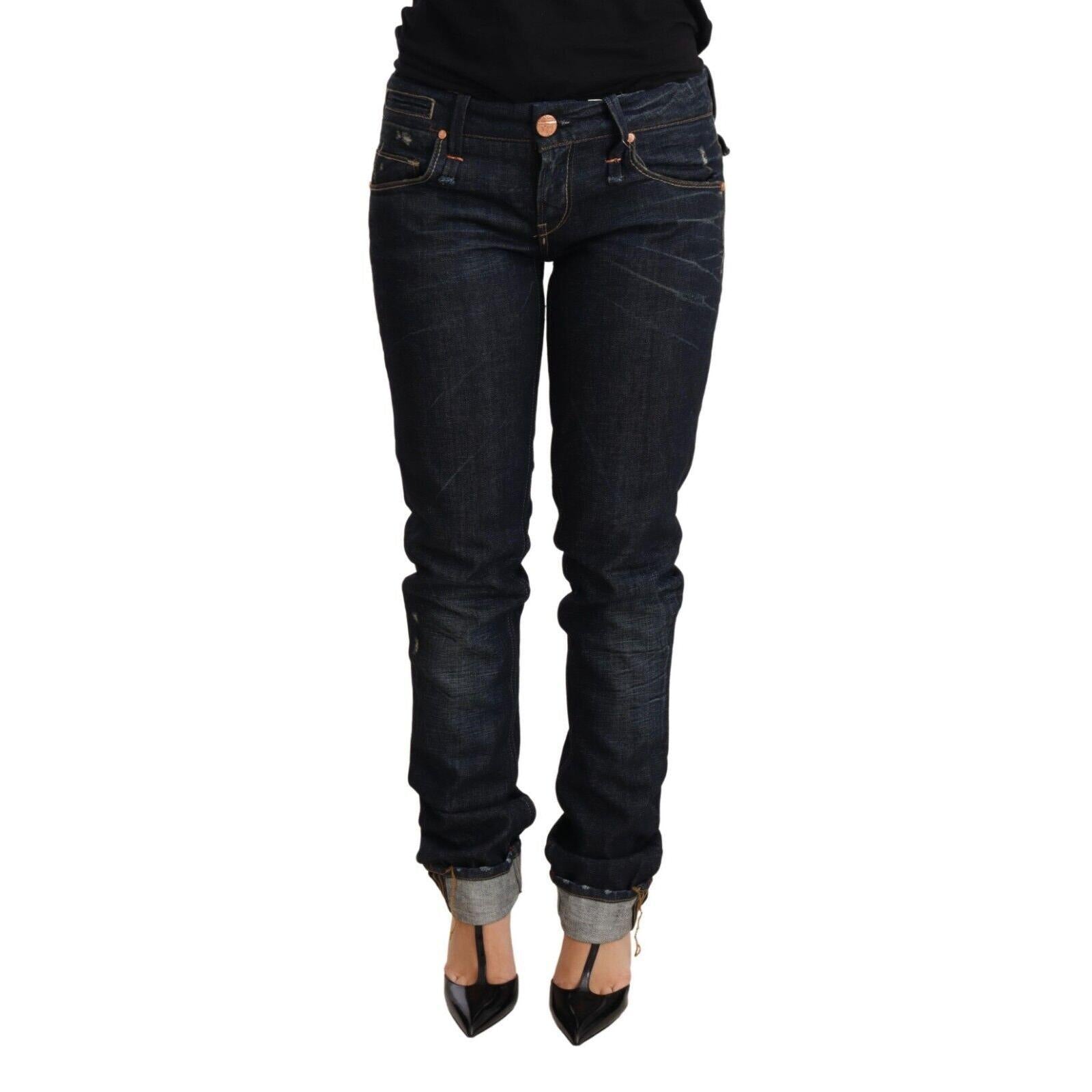 Acht Dark Blue Cotton Slim Fit Folded Hem Women Denim Trouser Jeans