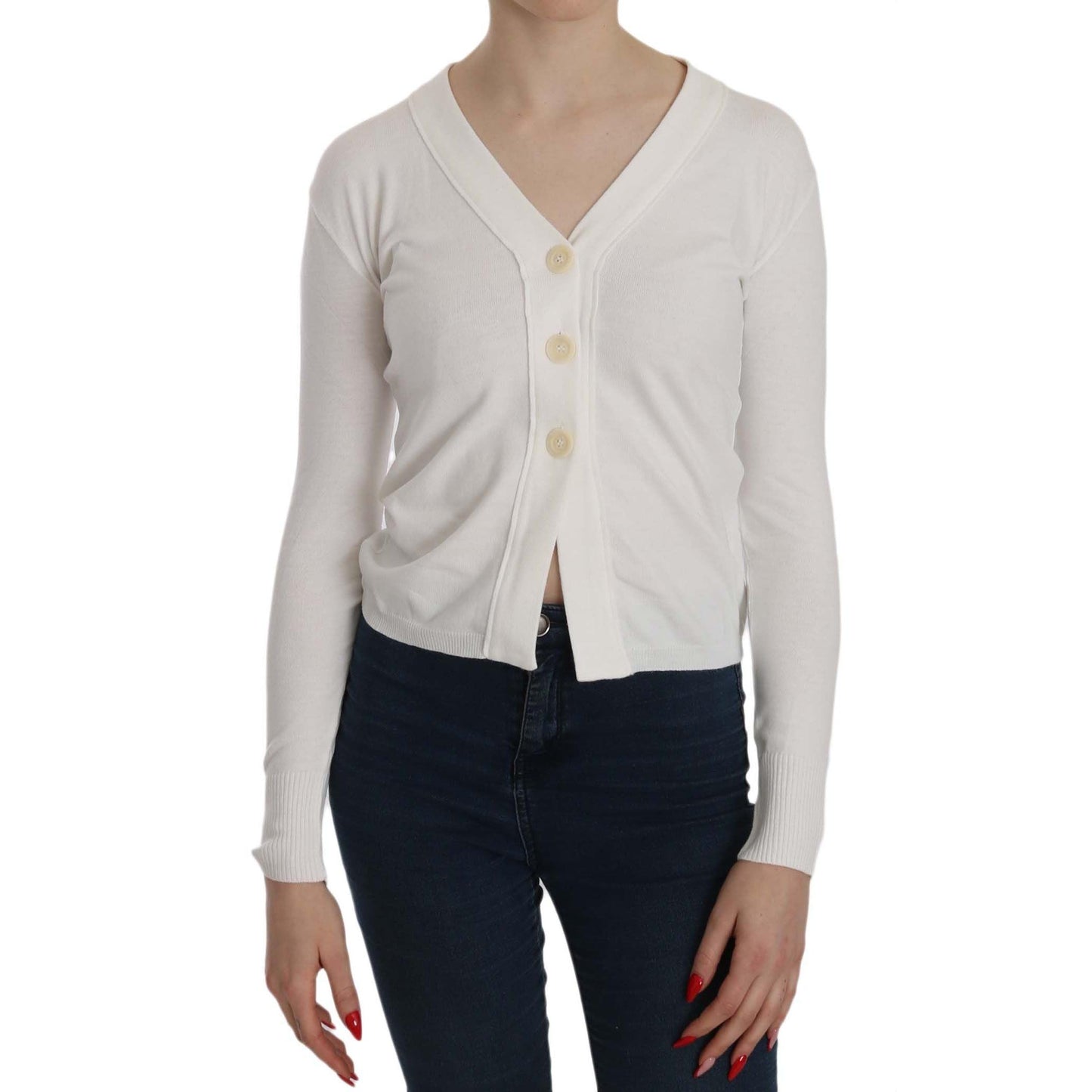 BYBLOS White V-neck Long Sleeve Cropped Cardigan Tops Sweater