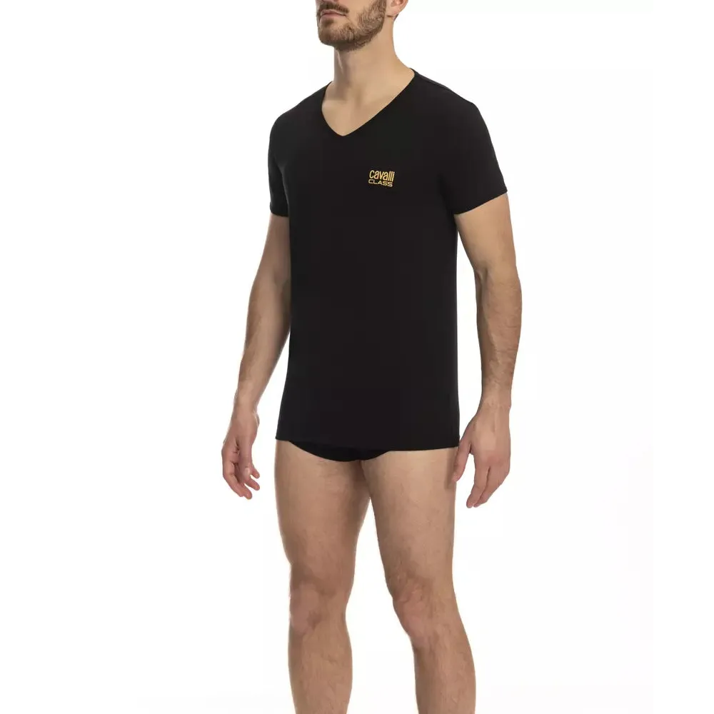 Cavalli Class Black Cotton Men's V-Neck T-Shirt