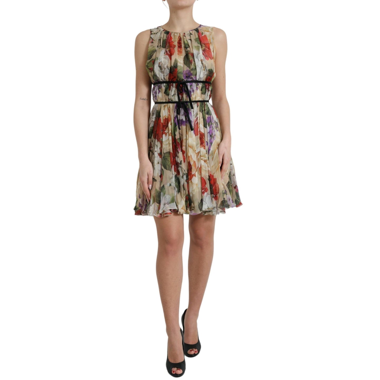 Dolce & Gabbana Beige Floral Sleeveless A-line Mini Dress