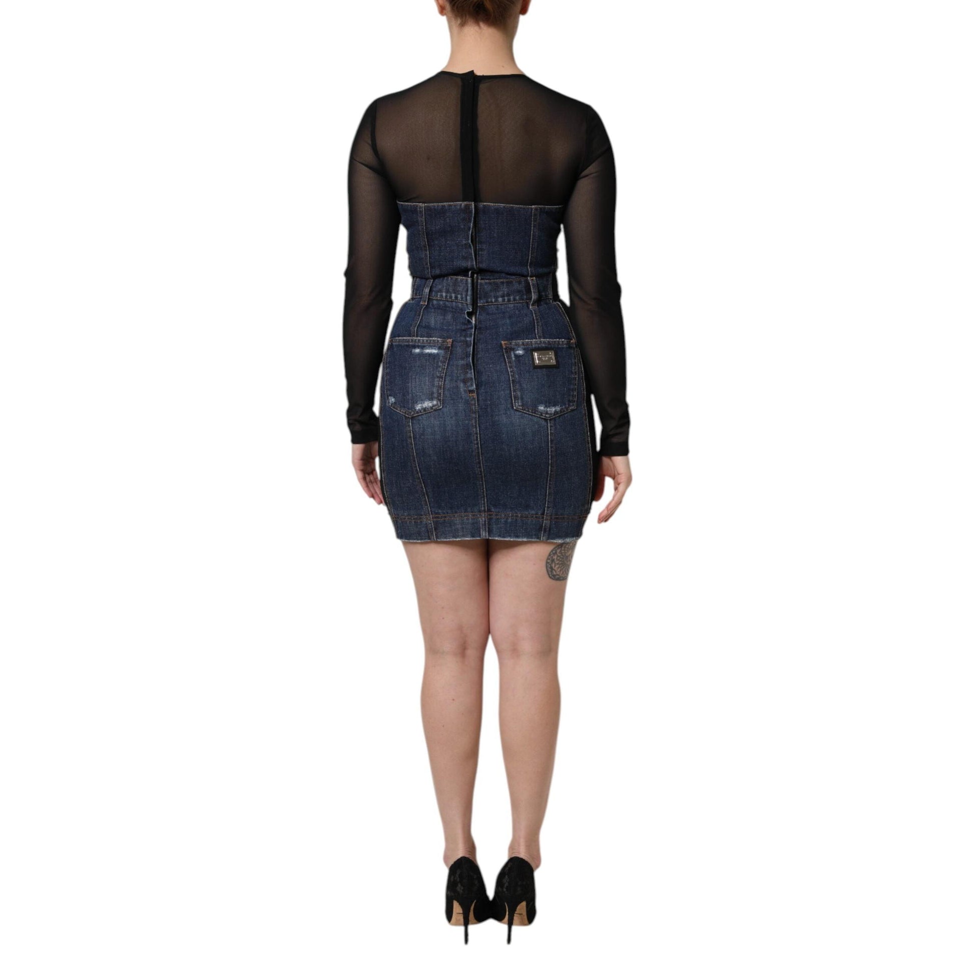 Dolce & Gabbana Black Blue Long Sleeves Denim Mini Dress