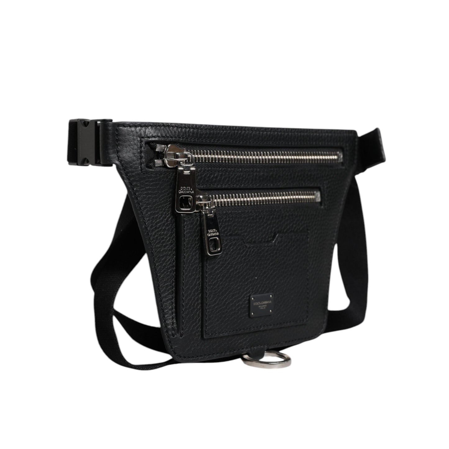 Dolce & Gabbana Black Calfskin Logo Plaque Belt Waist Men Fanny Pack Bag