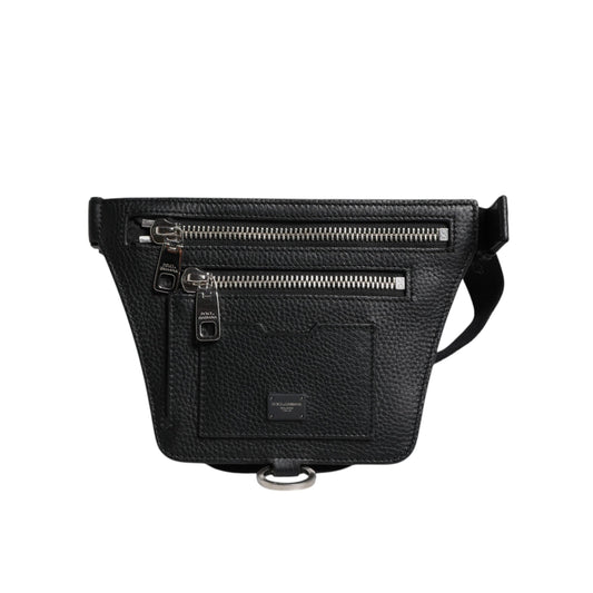 Dolce & Gabbana Black Calfskin Logo Plaque Belt Waist Men Fanny Pack Bag