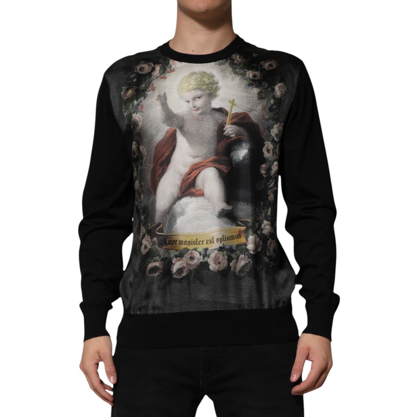 Dolce & Gabbana Black Cashmere Cherub Print Baroque Sweater