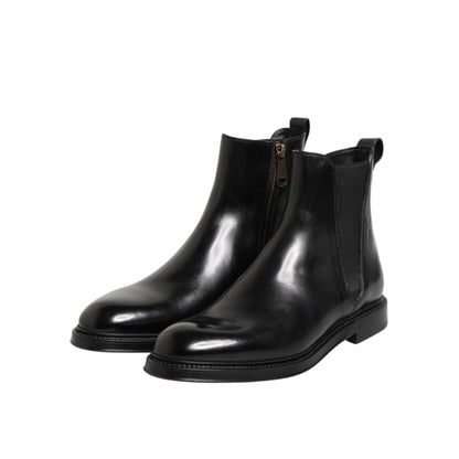 Dolce & Gabbana Black Chelsea Leather Mid Calf Boots Shoes