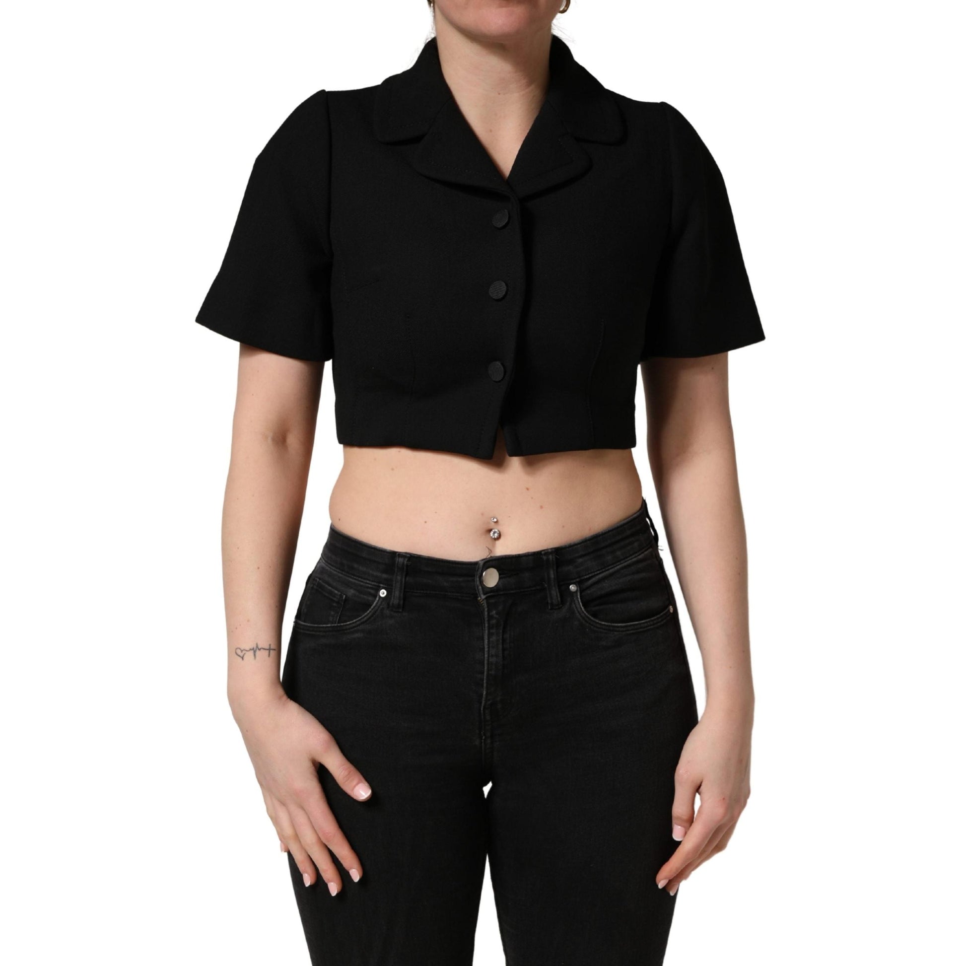 Dolce & Gabbana Black Collared Short Sleeves Cropped Blouse Top