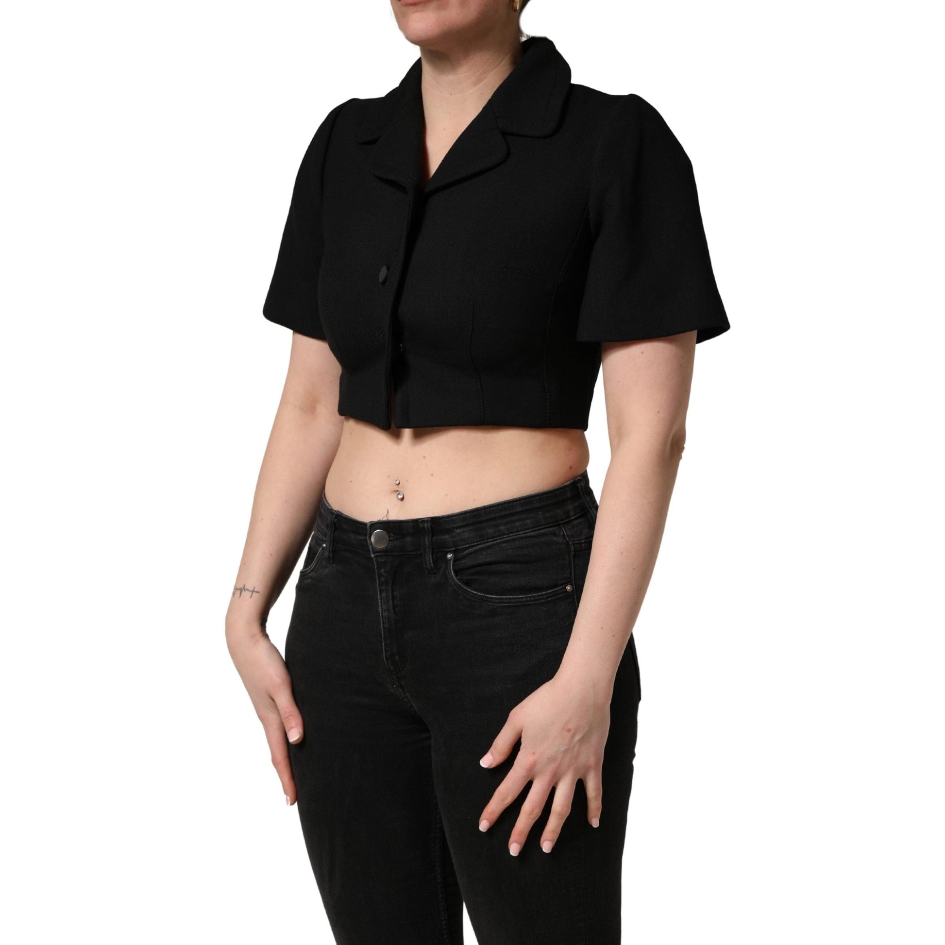 Dolce & Gabbana Black Collared Short Sleeves Cropped Blouse Top