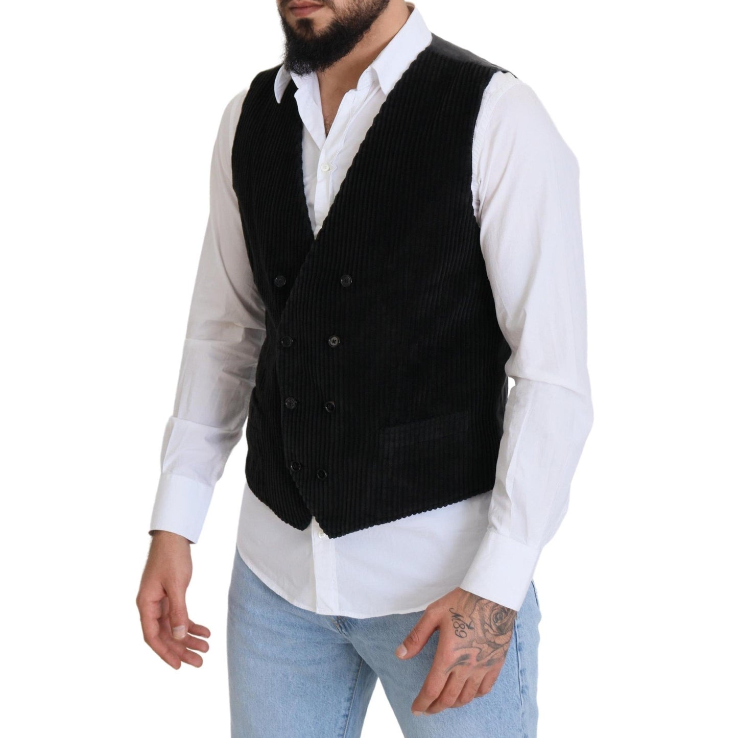 Dolce & Gabbana Black Cotton Double Breasted Waistcoat Vest