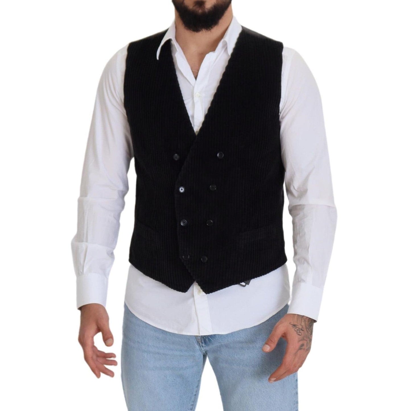 Dolce & Gabbana Black Cotton Double Breasted Waistcoat Vest