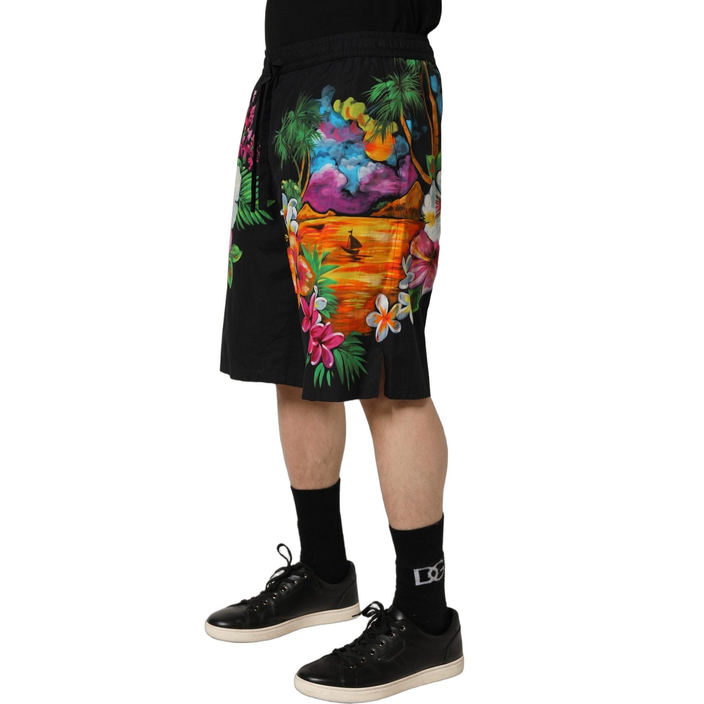 Dolce & Gabbana Black Cotton Tropical Floral Bermuda Shorts