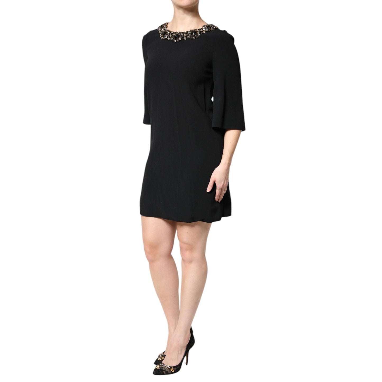 Dolce & Gabbana Black Crystal Embellished Round Neck Mini Dress