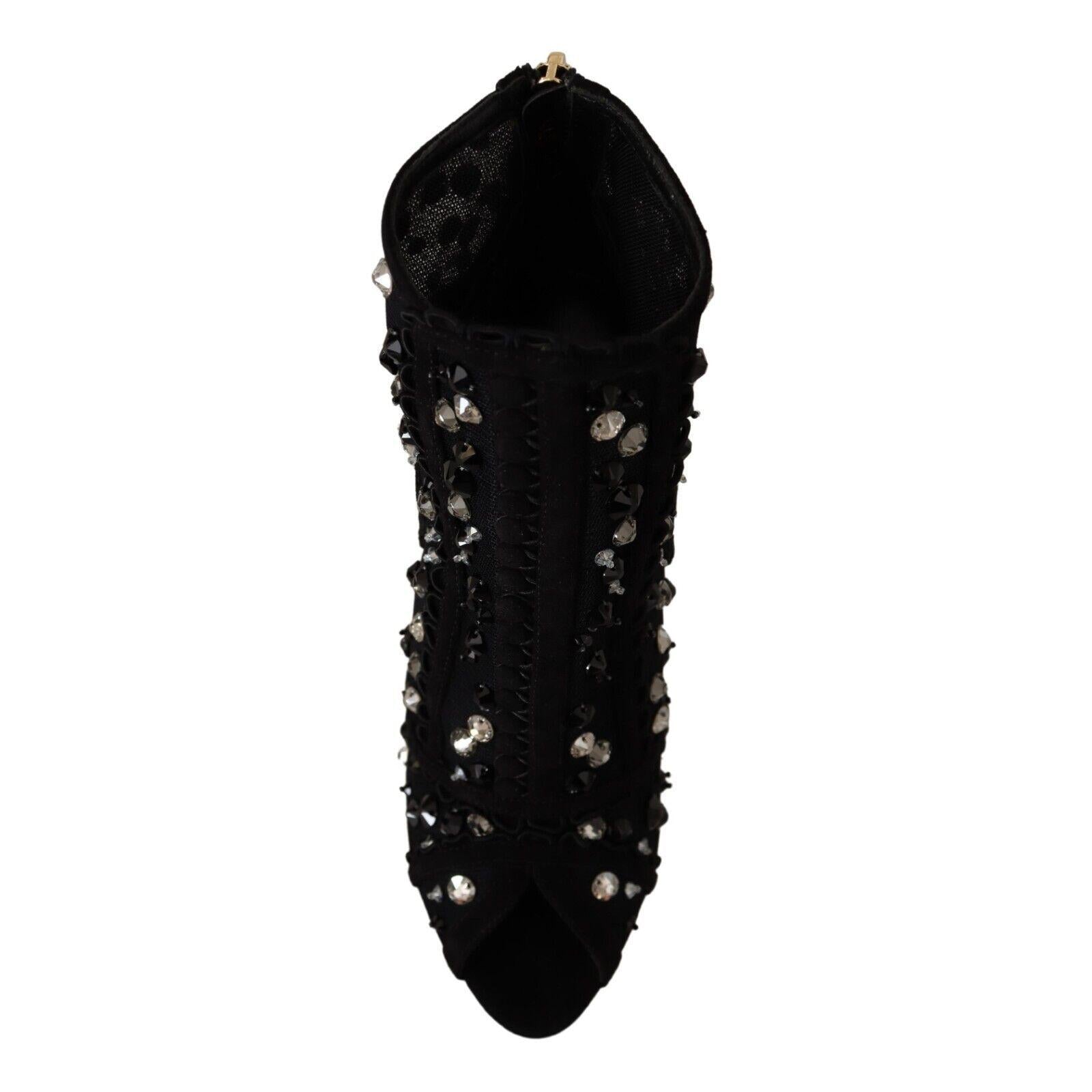 Dolce & Gabbana Black Crystals Heels Zipper Short Boots Shoes