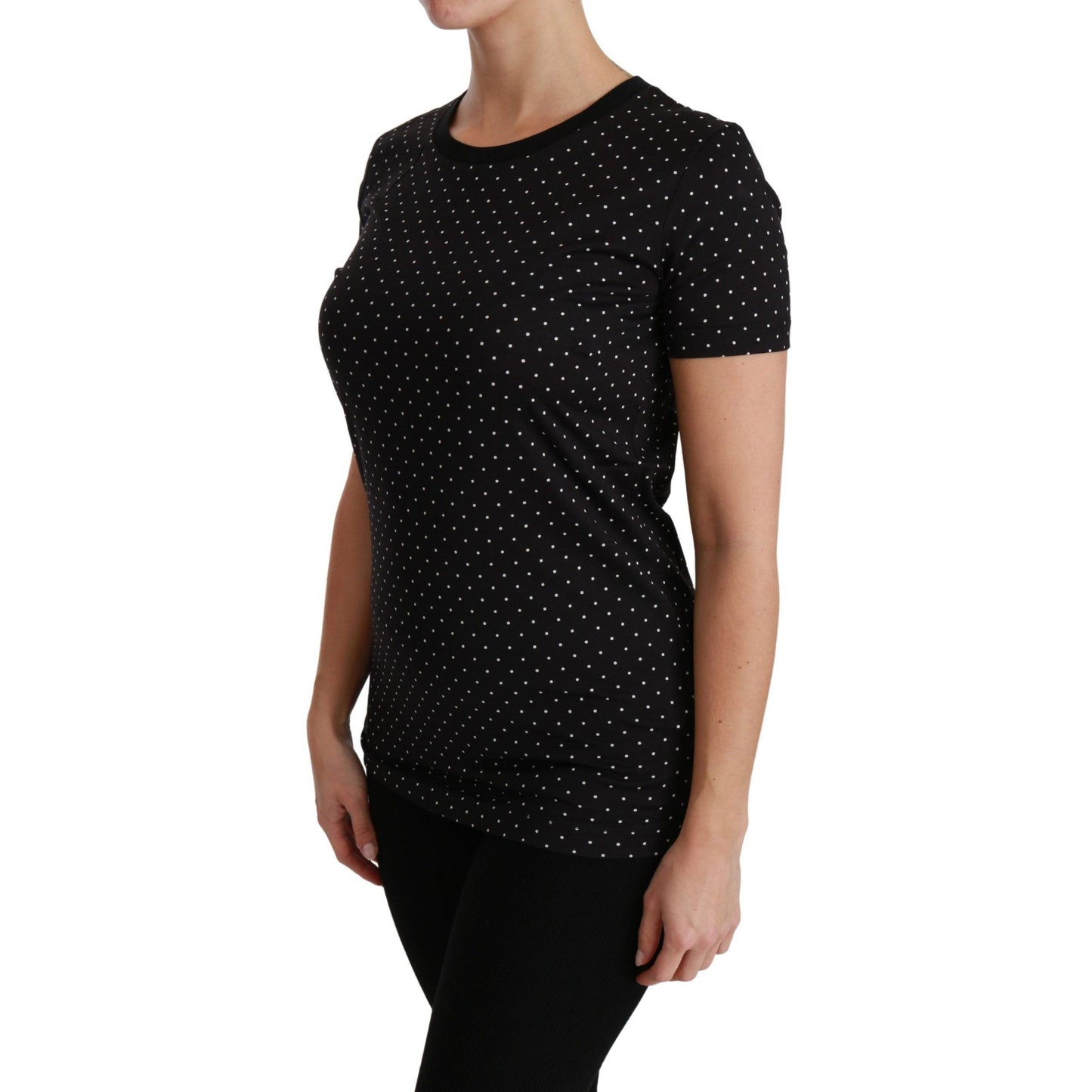 Dolce & Gabbana Black Dotted Crewneck Cotton Top T-shirt