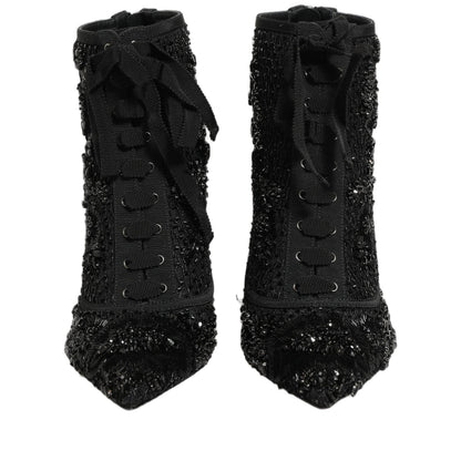 Dolce & Gabbana Black Embellished Mesh Ankle Boots Shoes