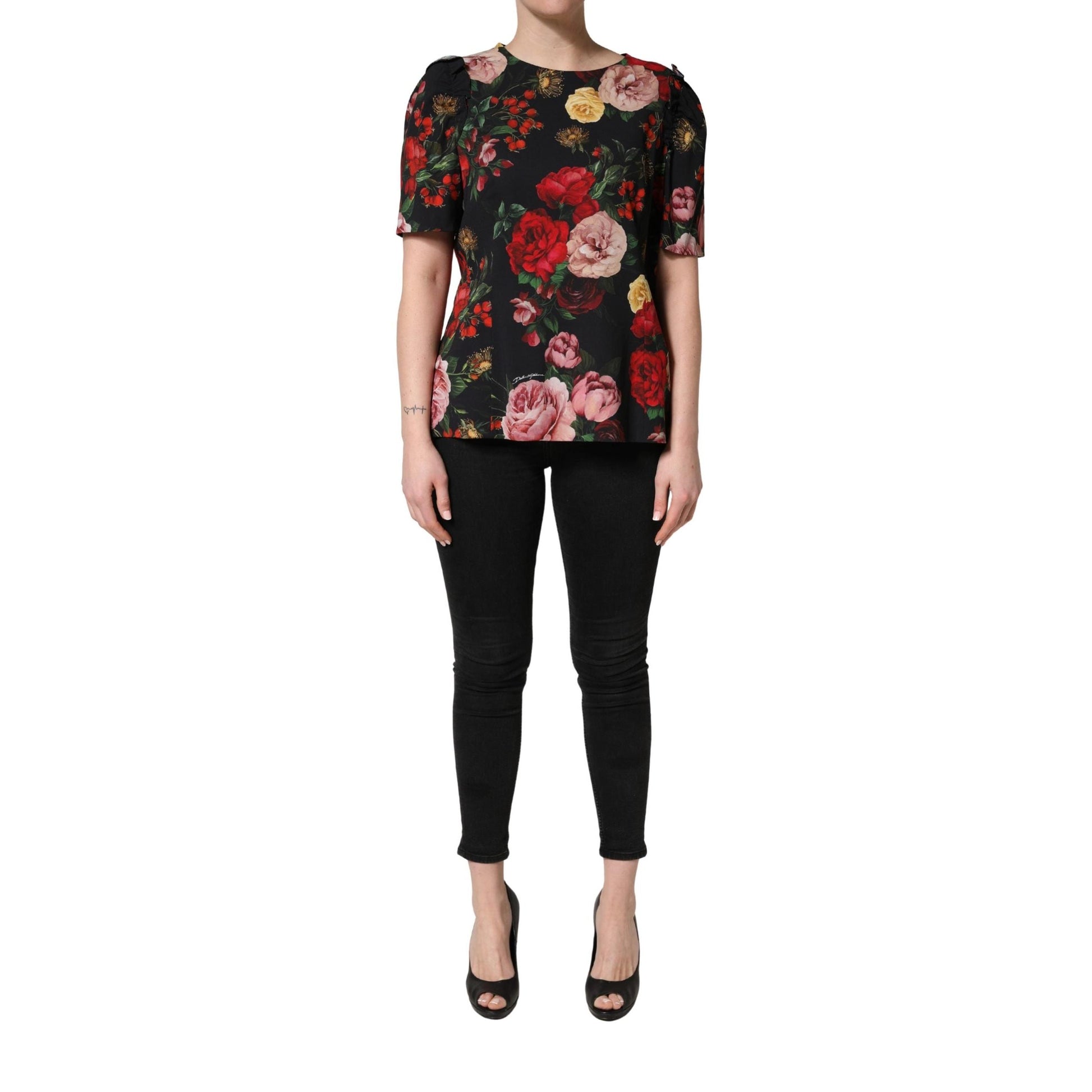 Dolce & Gabbana Black Floral Crepe Frill Detail Blouse Top