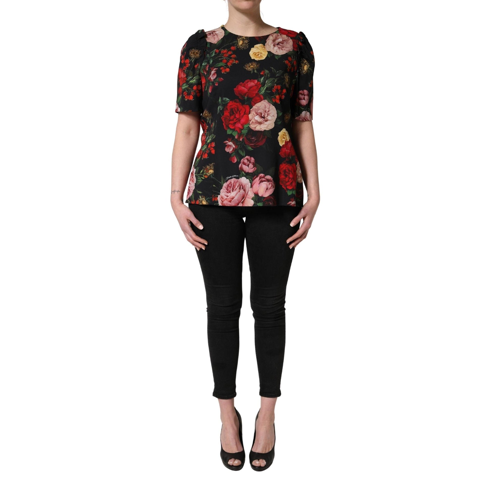 Dolce & Gabbana Black Floral Crepe Frill Detail Blouse Top