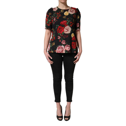 Dolce & Gabbana Black Floral Crepe Frill Detail Blouse Top