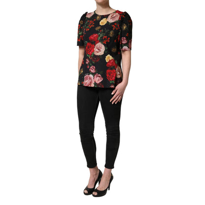 Dolce & Gabbana Black Floral Crepe Frill Detail Blouse Top