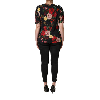 Dolce & Gabbana Black Floral Crepe Frill Detail Blouse Top
