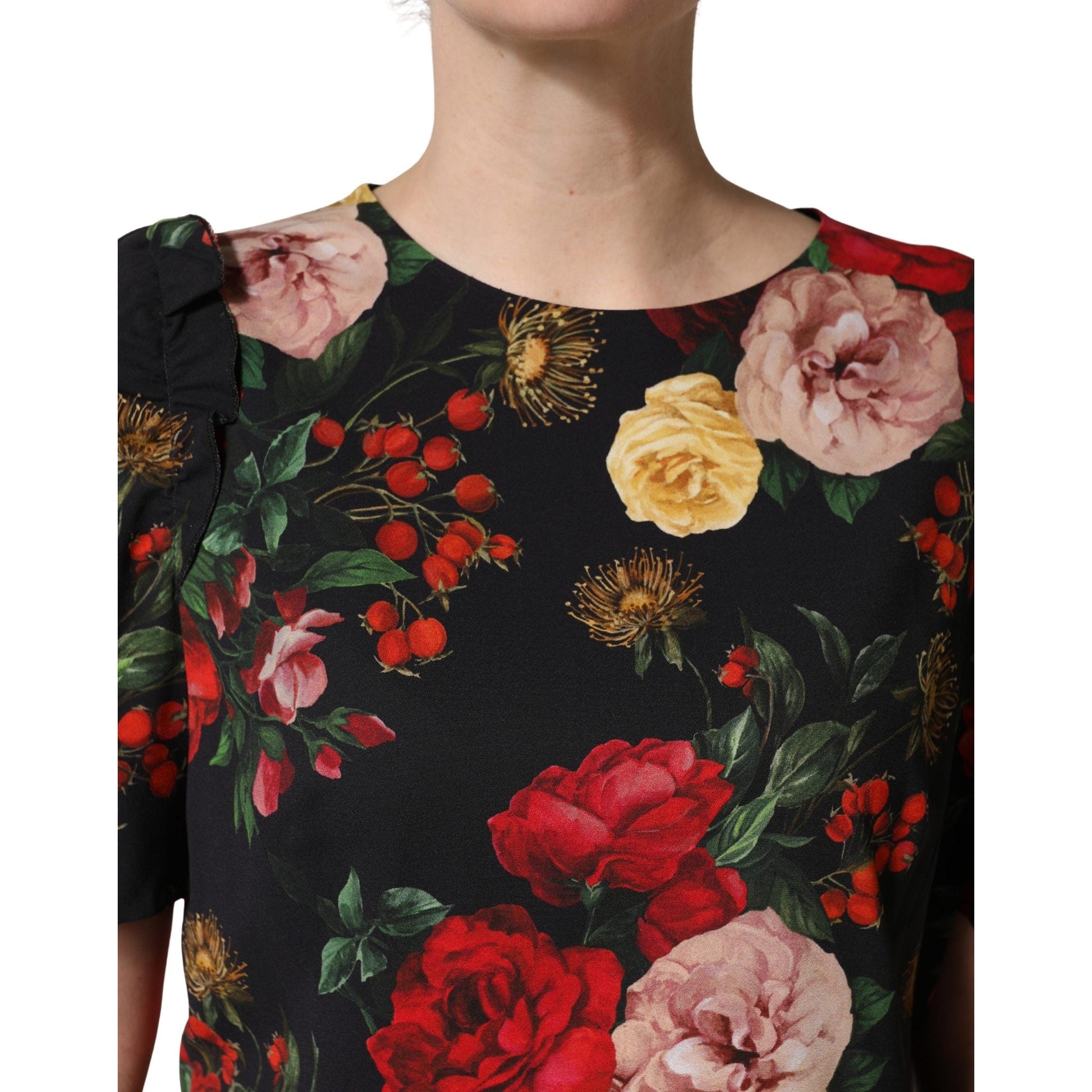 Dolce & Gabbana Black Floral Crepe Frill Detail Blouse Top
