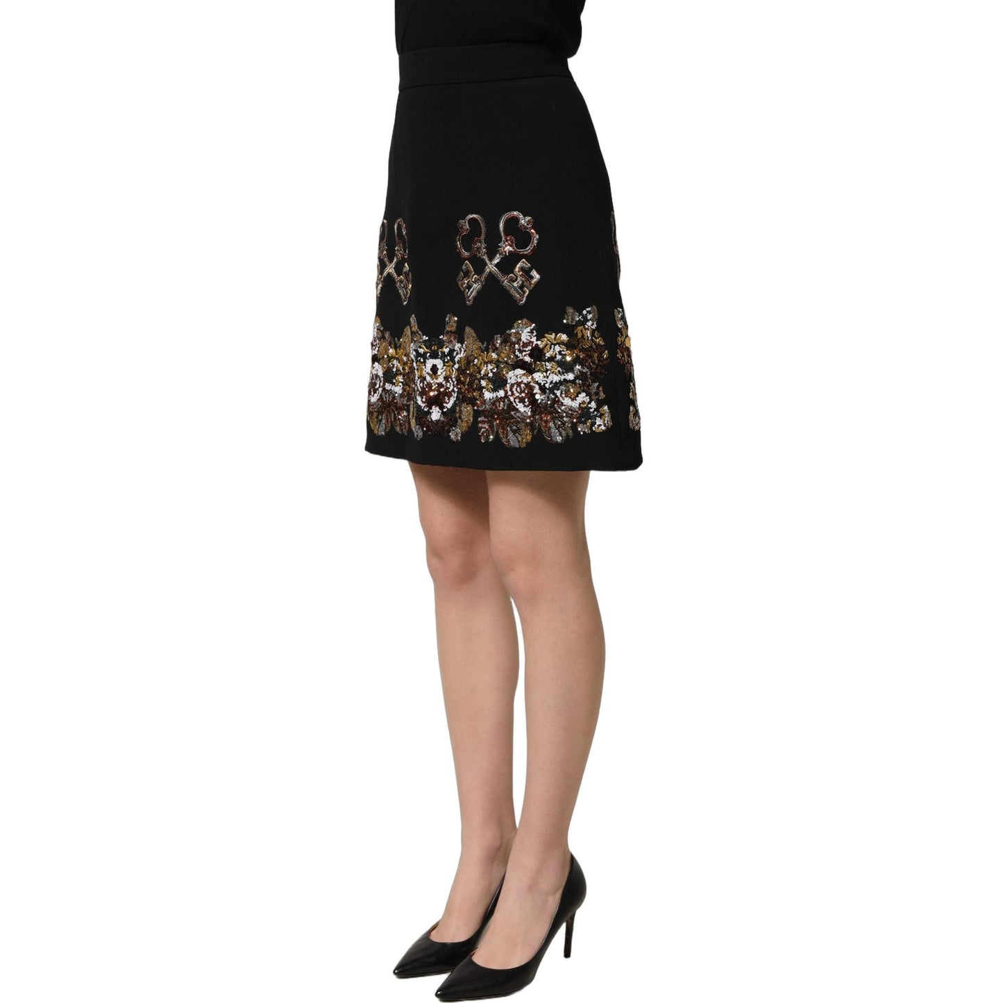 Dolce & Gabbana Black Floral Embellished A-line Mini Skirt