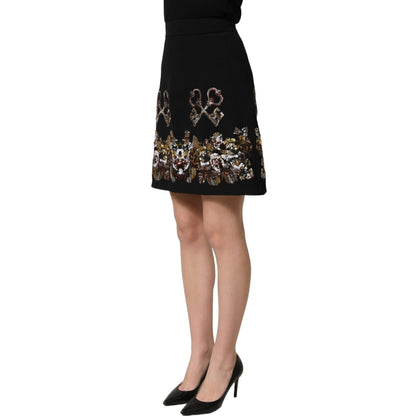 Dolce & Gabbana Black Floral Embellished A-line Mini Skirt