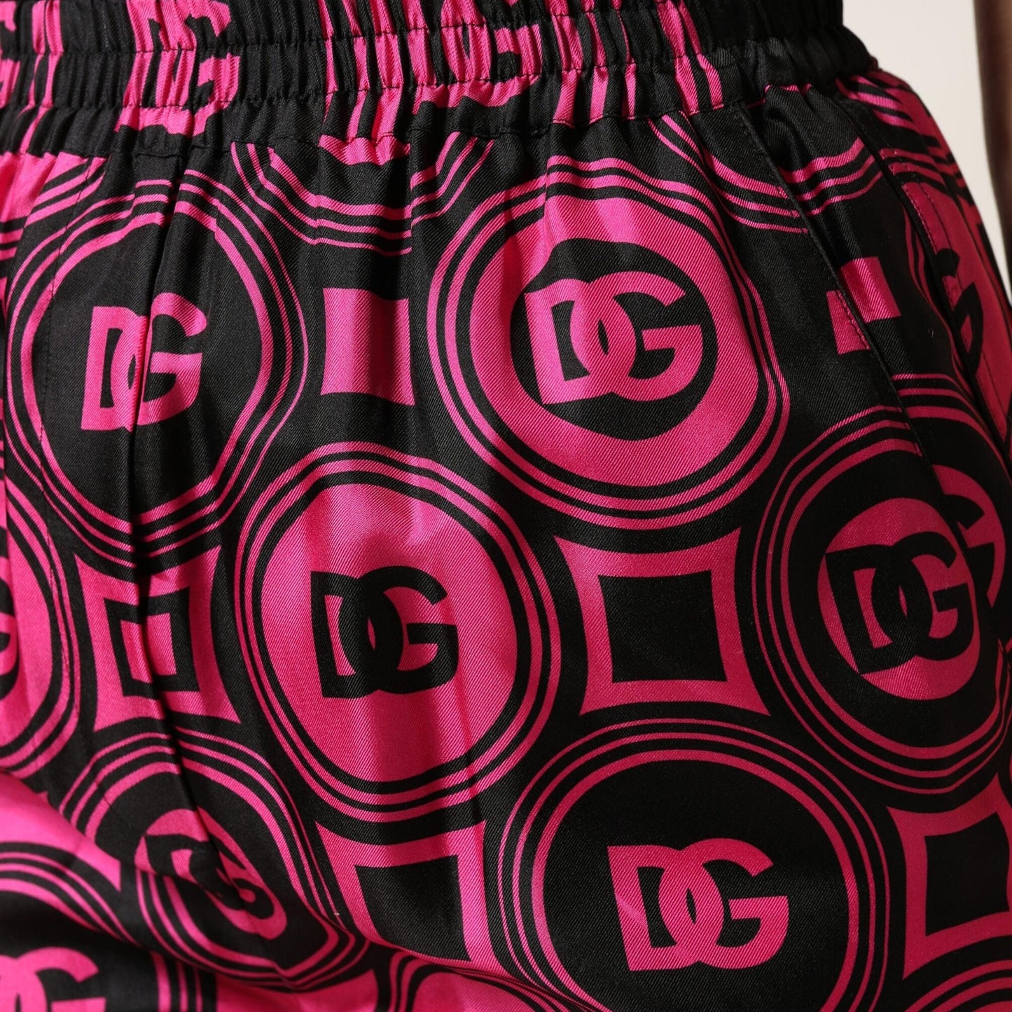 Dolce & Gabbana Black Fuchsia Silk Logo Elastic Waist Shorts