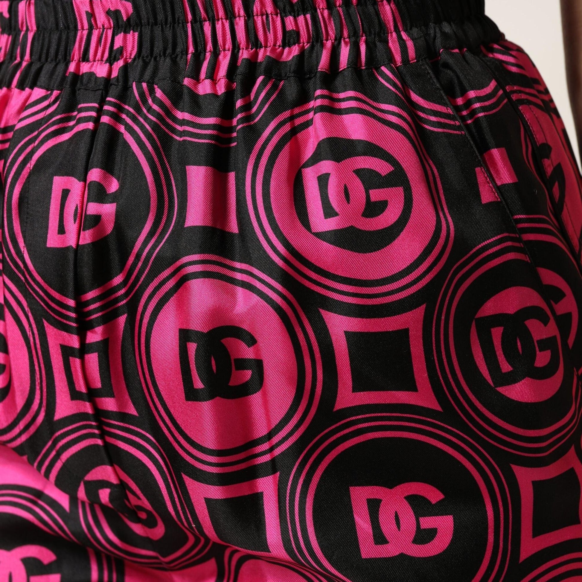Dolce & Gabbana Black Fuchsia Silk Logo Elastic Waist Shorts