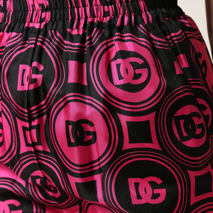 Dolce & Gabbana Black Fuchsia Silk Logo Elastic Waist Shorts