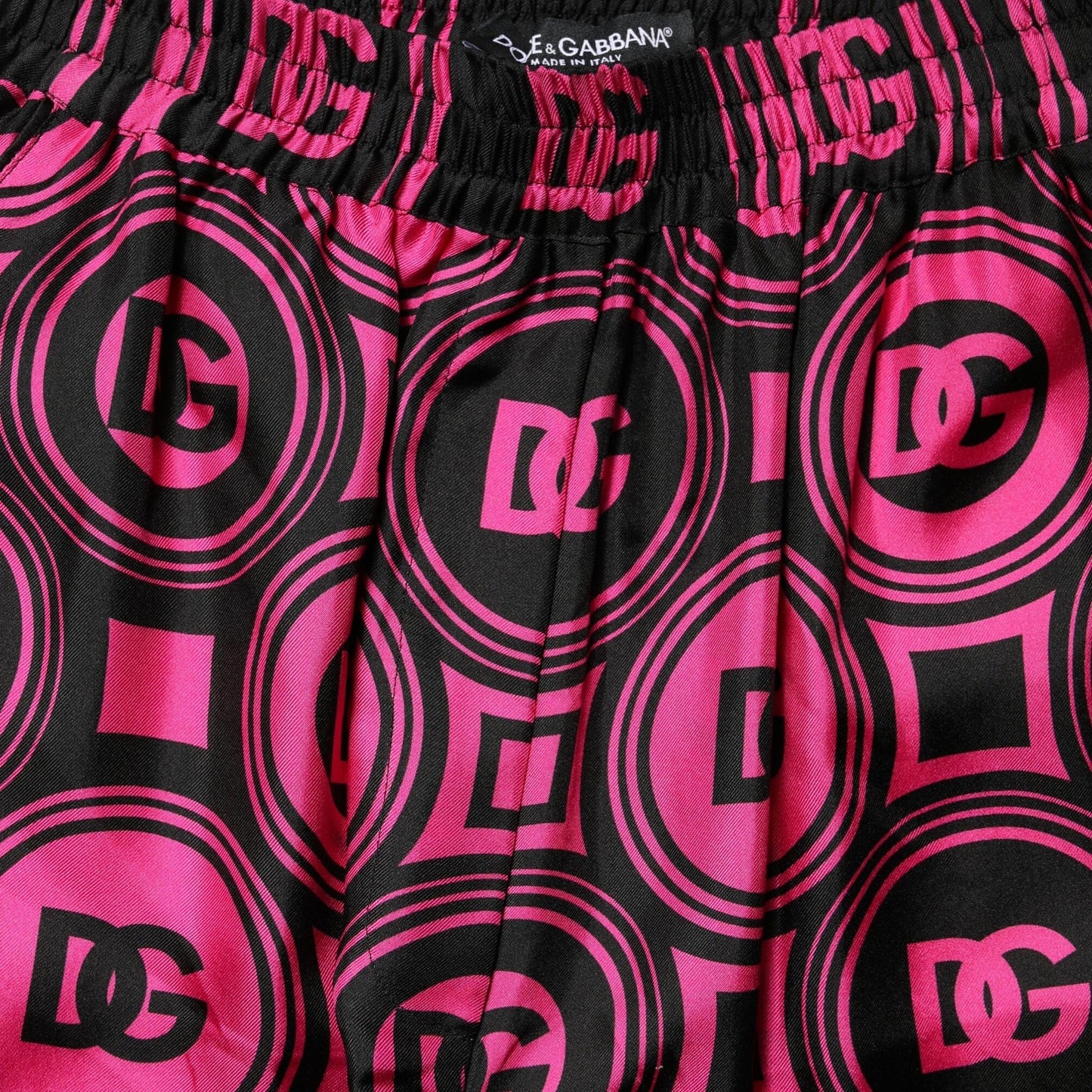Dolce & Gabbana Black Fuchsia Silk Logo Elastic Waist Shorts