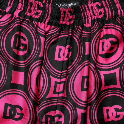 Dolce & Gabbana Black Fuchsia Silk Logo Elastic Waist Shorts