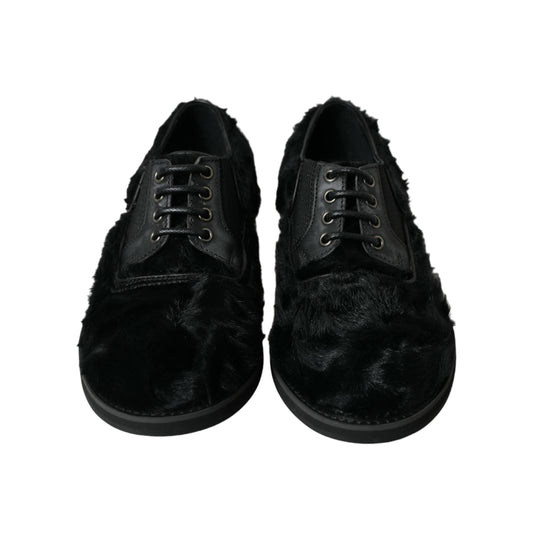 Dolce & Gabbana Black Fur Leather Lace Up Derby Dress Shoes