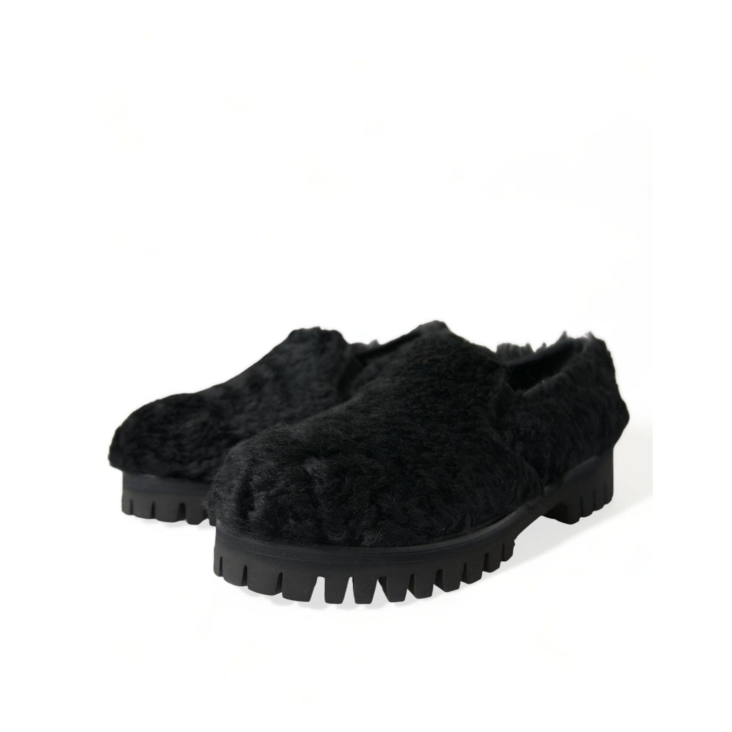 Dolce & Gabbana Black Fur Leather Slippers Dress Shoes