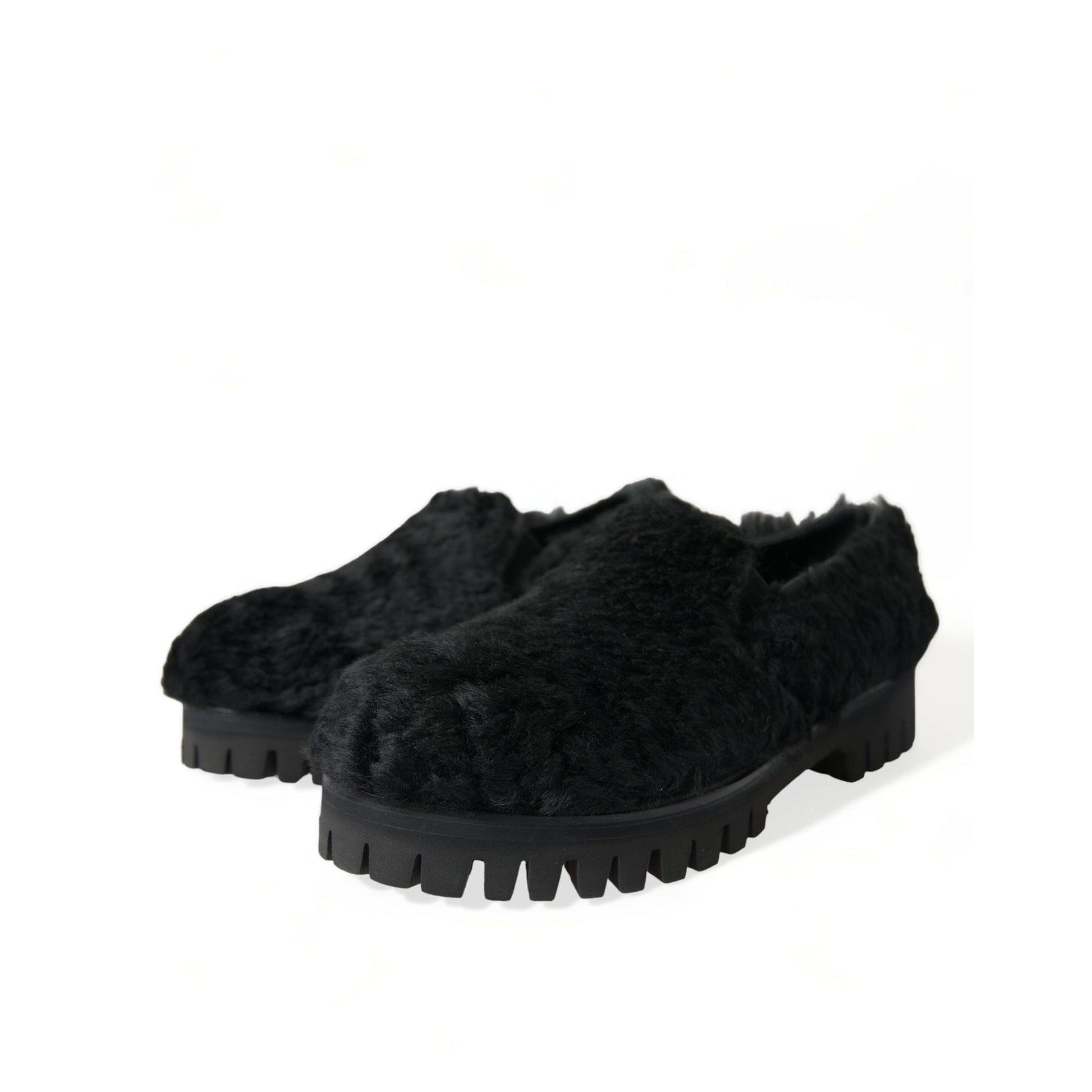 Dolce & Gabbana Black Fur Leather Slippers Dress Shoes