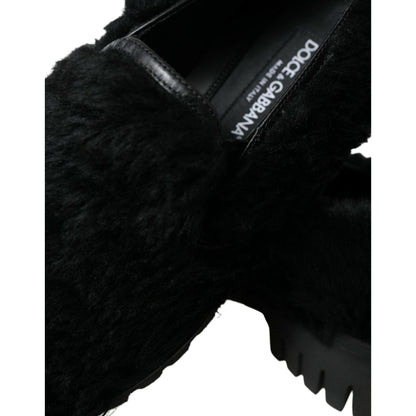 Dolce & Gabbana Black Fur Leather Slippers Dress Shoes