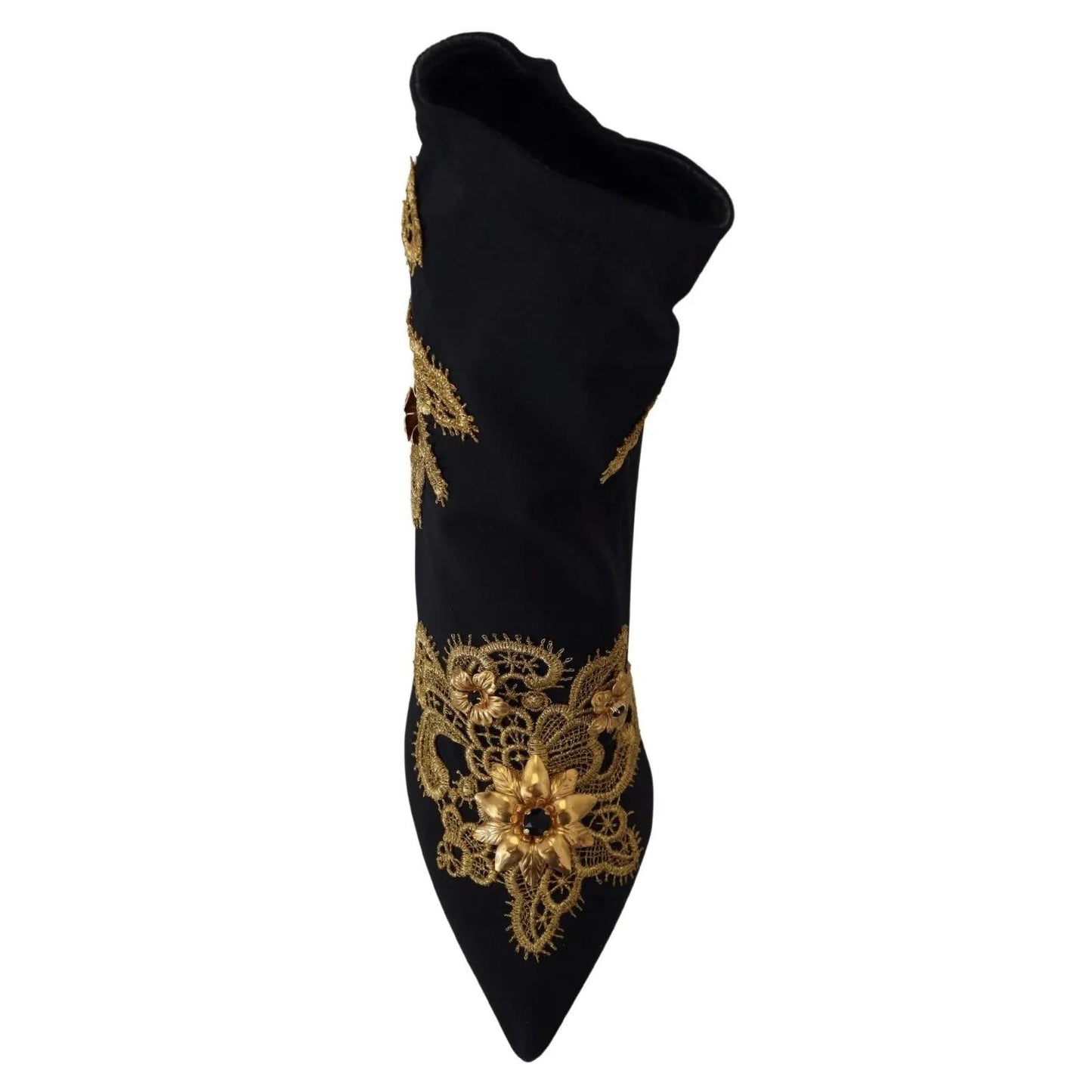 Dolce & Gabbana Black Gold Embroidery Crystal Boots Shoes