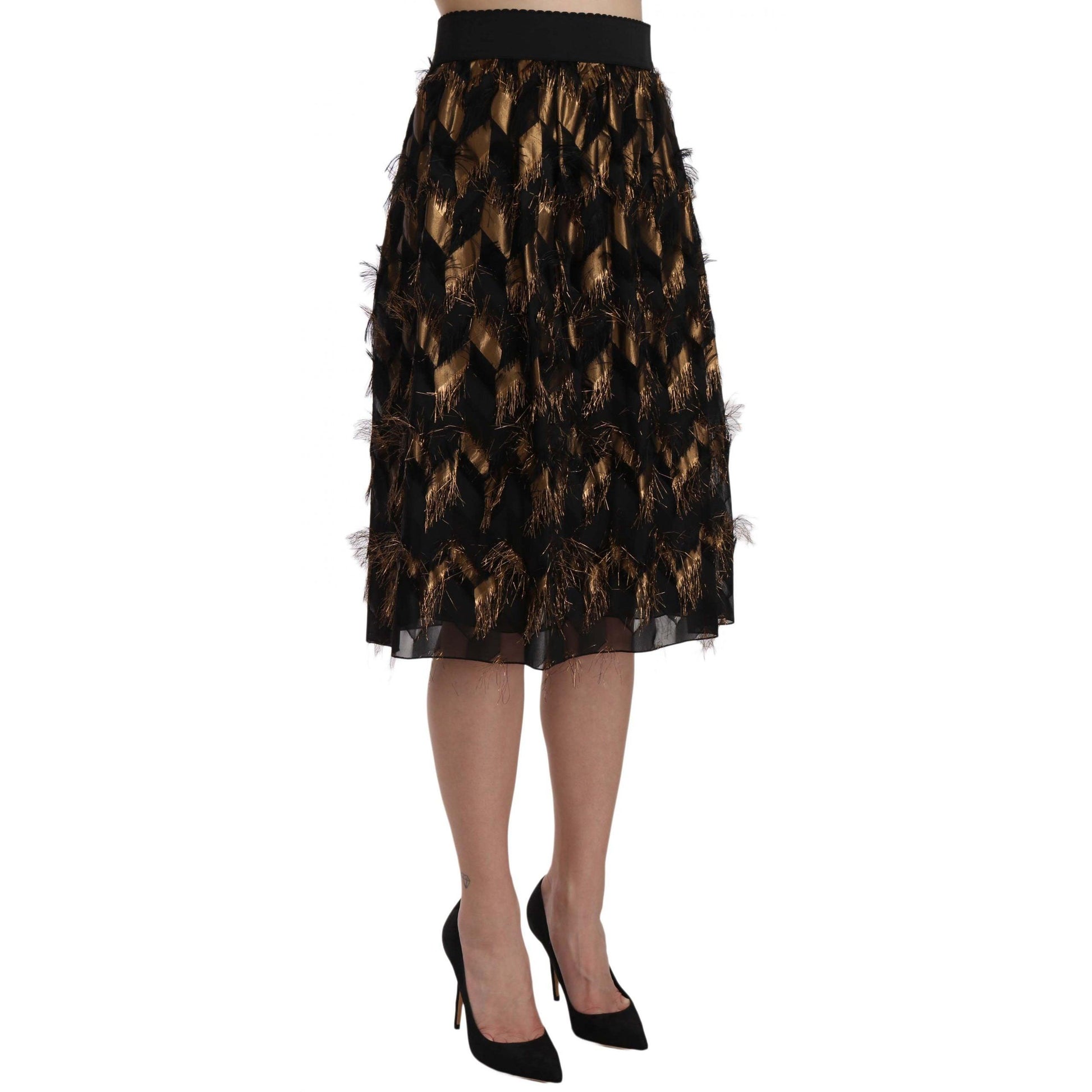 Dolce & Gabbana Black Gold Fringe Metallic Pencil A-line Skirt