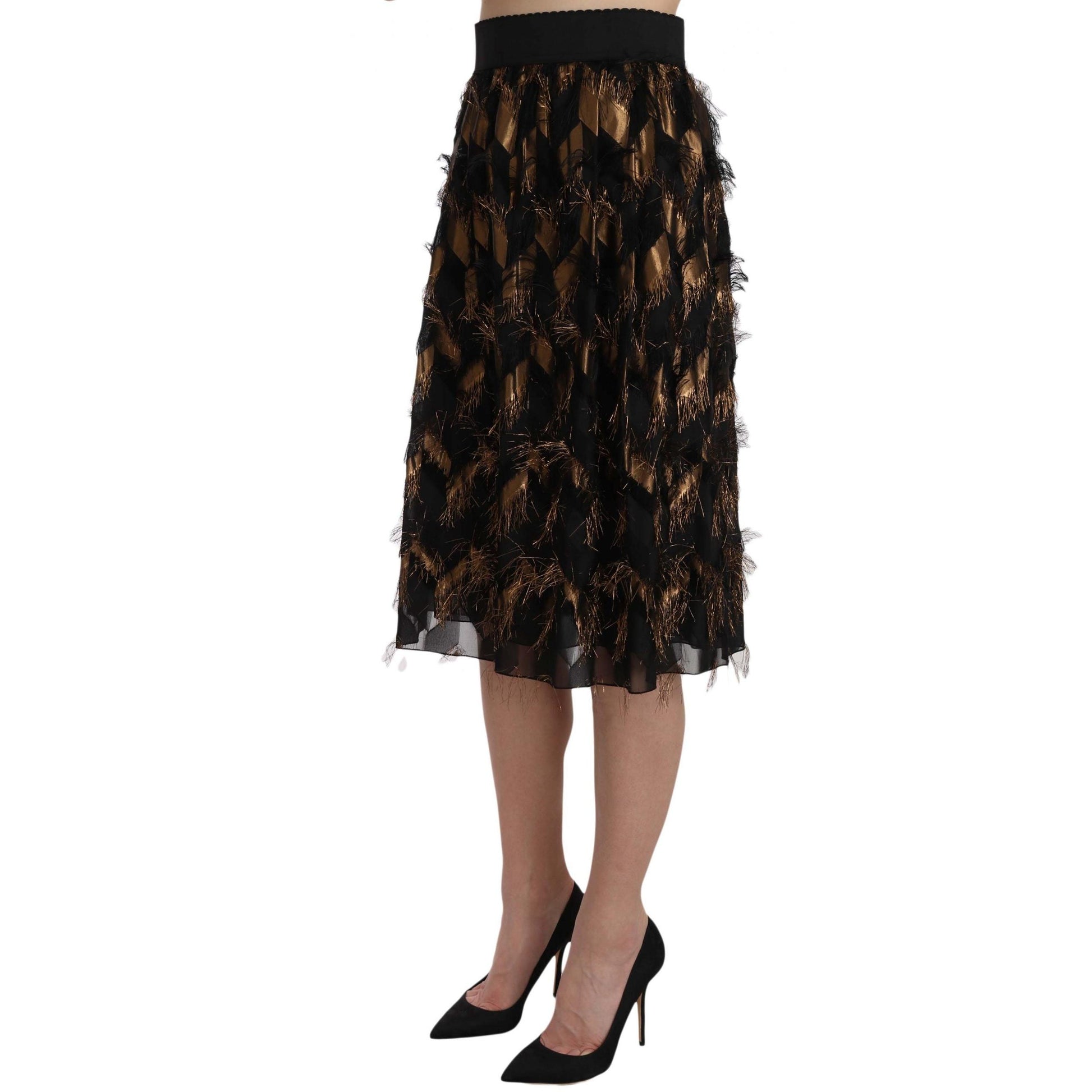 Dolce & Gabbana Black Gold Fringe Metallic Pencil A-line Skirt