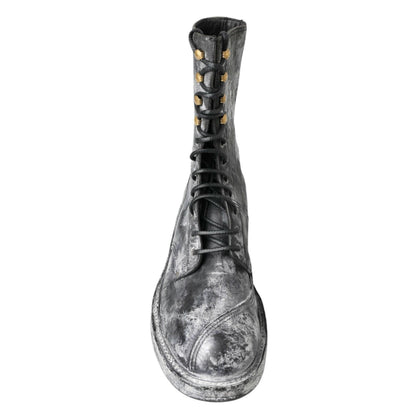 Dolce & Gabbana Black Gray Leather Mid Calf Boots Shoes