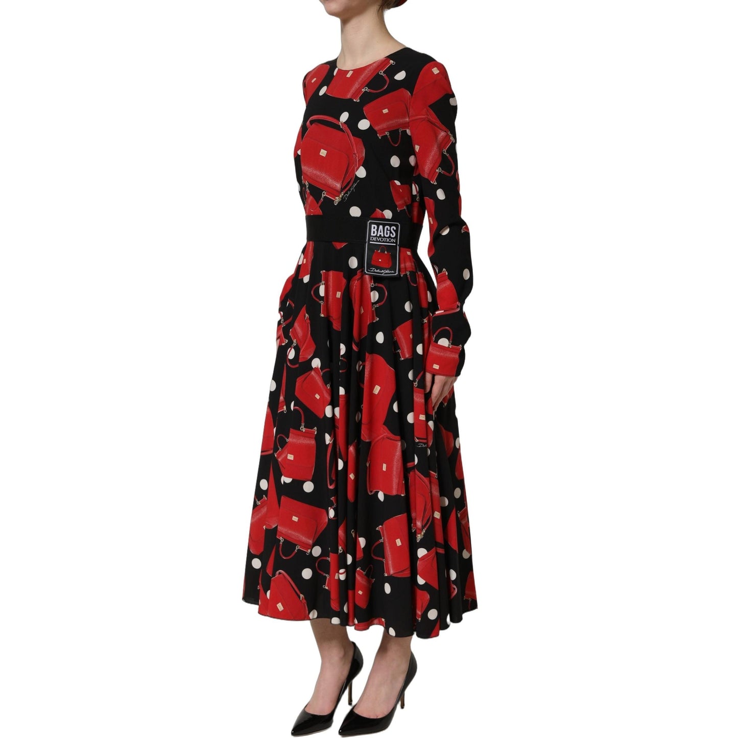 Dolce & Gabbana Black Handbag Print Long Sleeve Midi Dress