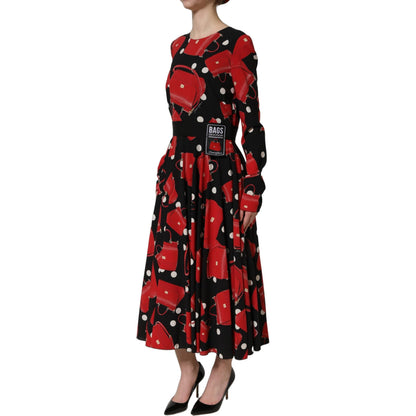 Dolce & Gabbana Black Handbag Print Long Sleeve Midi Dress