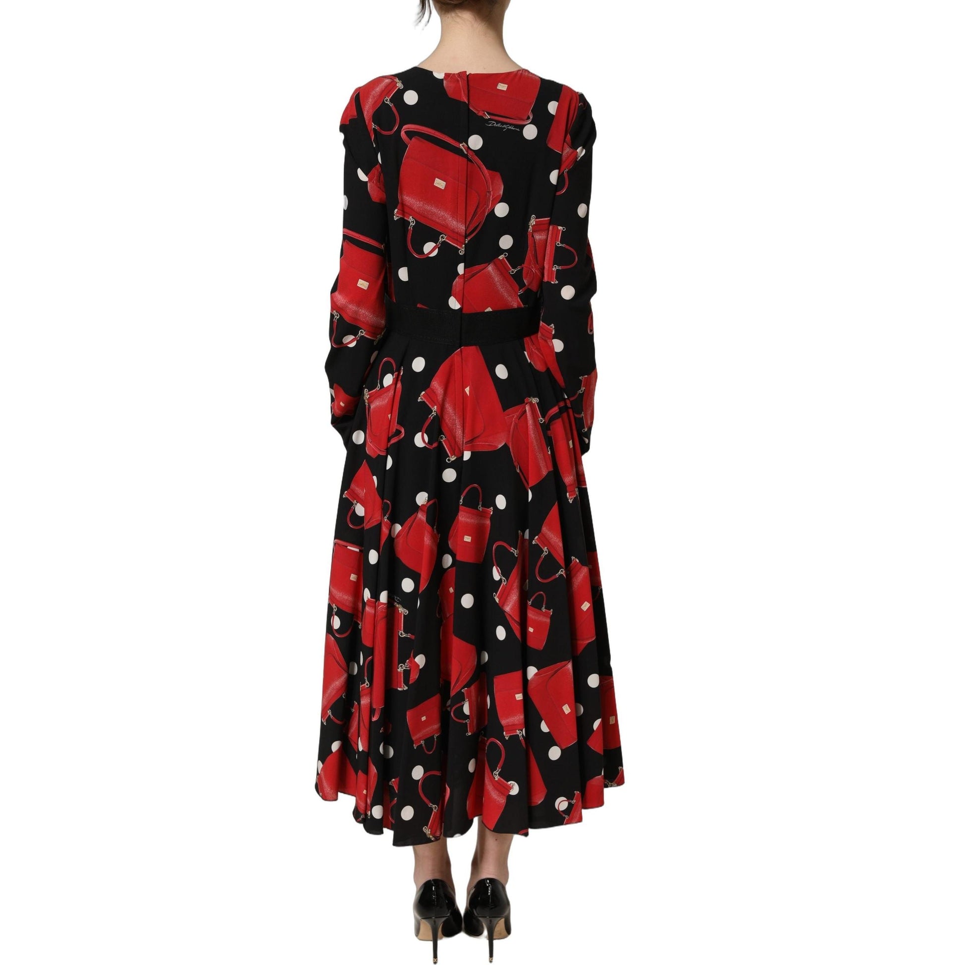 Dolce & Gabbana Black Handbag Print Long Sleeve Midi Dress