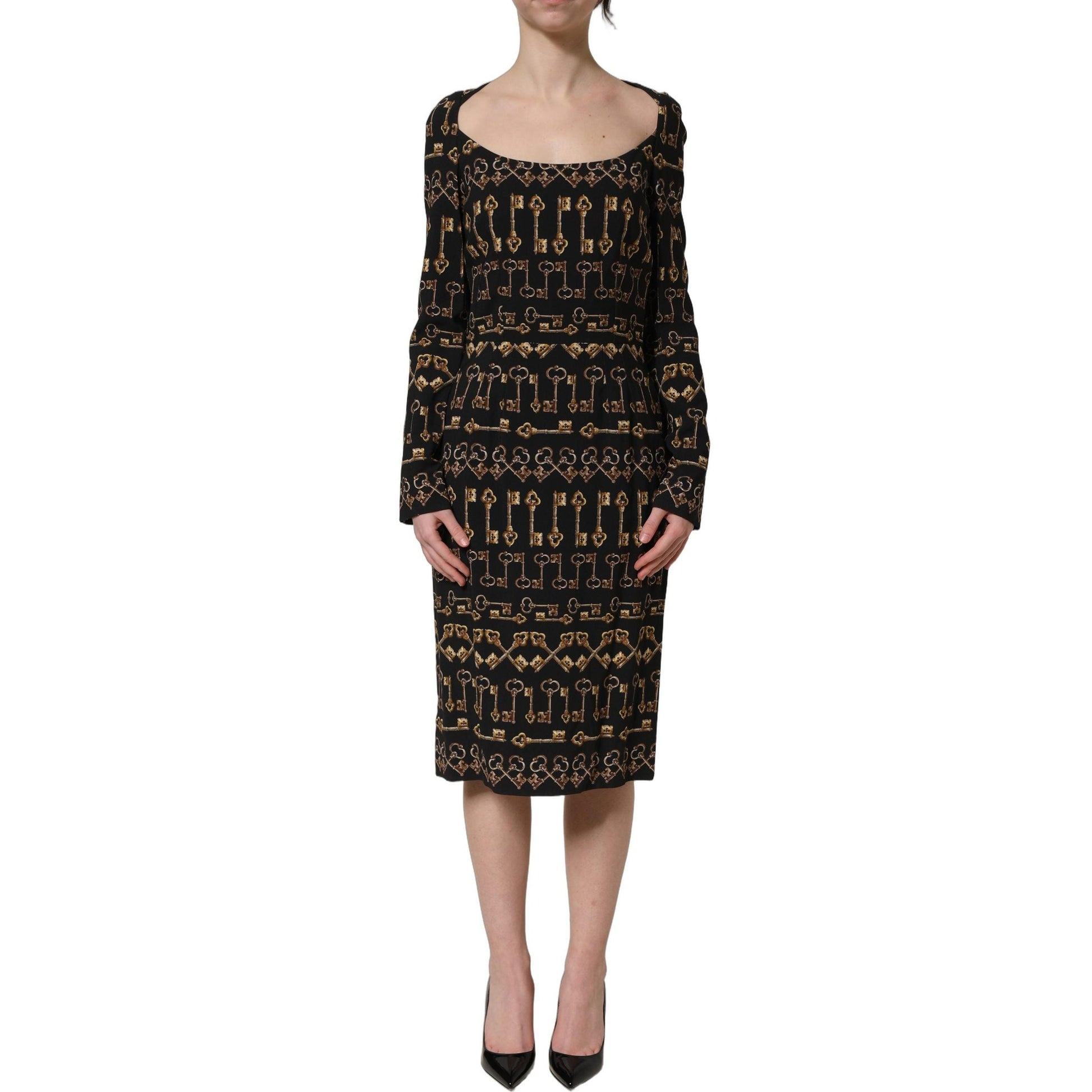 Dolce & Gabbana Black Key Print Long Sleeves Sheath Midi Dress