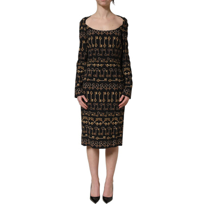 Dolce & Gabbana Black Key Print Long Sleeves Sheath Midi Dress