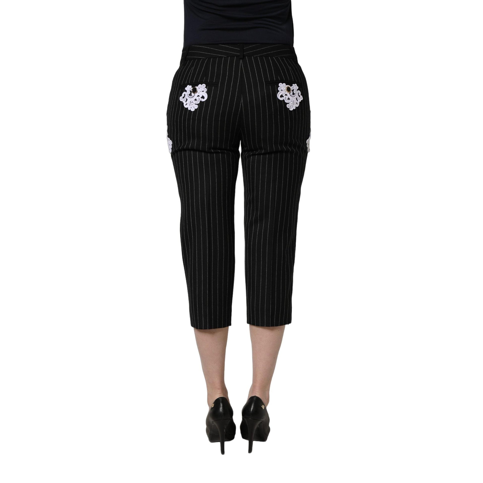 Dolce & Gabbana Black Lace Applique Pinstripe Cropped Pants