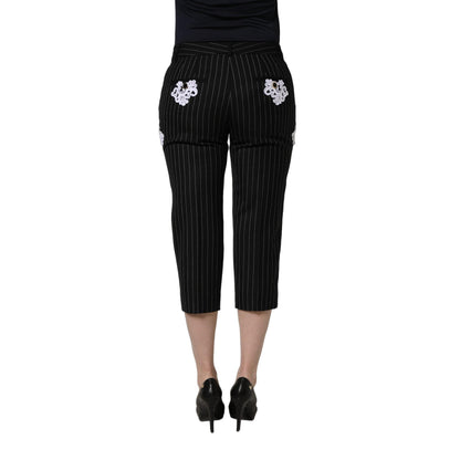 Dolce & Gabbana Black Lace Applique Pinstripe Cropped Pants