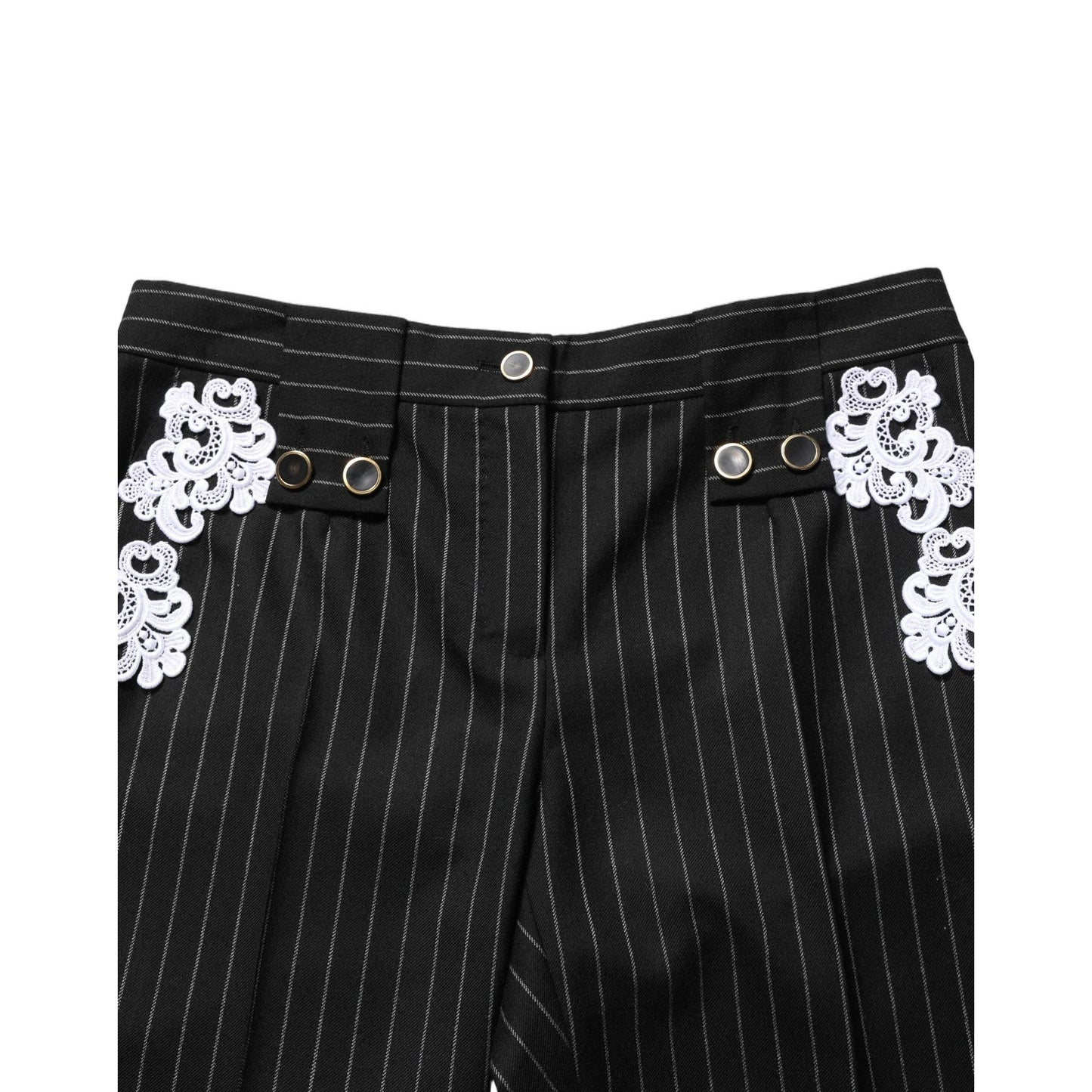 Dolce & Gabbana Black Lace Applique Pinstripe Cropped Pants