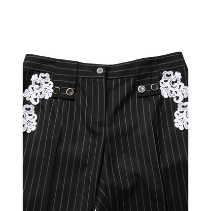 Dolce & Gabbana Black Lace Applique Pinstripe Cropped Pants